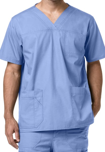 A healthcare professional in a Multi Pocket V-Neck Top (Men's C15208), cropped at the neck, focusing on the uniform with visible pockets.
