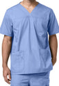 A healthcare professional in a Multi Pocket V-Neck Top (Men's C15208), cropped at the neck, focusing on the uniform with visible pockets.