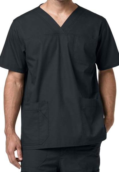 Man wearing a Multi Pocket V-Neck Top (Men's C15208) with short sleeves and a v-neck, featuring multiple pockets.