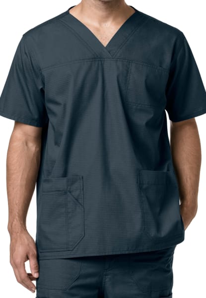 A person wearing a Multi Pocket V-Neck Top (Men's C15208) with a v-neck and two front pockets, cropped at the neck and just below the waist.