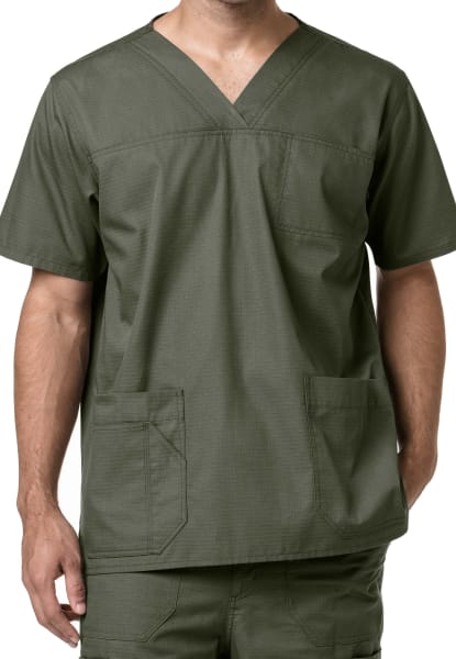 Man wearing a Multi Pocket V-Neck Top (Men's C15208) with short sleeves and two front pockets, showing only the torso and arms.