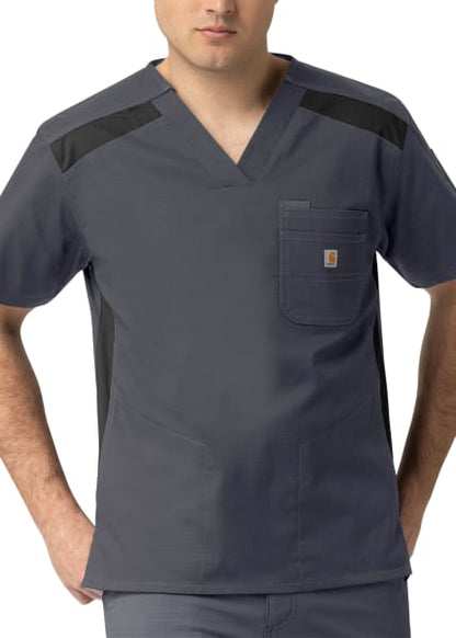Man in a V-Neck Color Block Top (Men's C15418) with dark gray shoulder panels, standing against a white background.