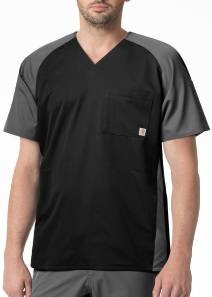 Man in a gray Color Block V-Neck Top (Men's C16106) medical scrub top with a chest pocket, depicted from the waist up, on a white background.
