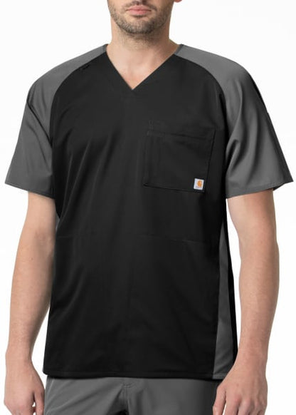 Man in a gray Color Block V-Neck Top (Men's C16106) medical scrub top with a chest pocket, depicted from the waist up, on a white background.
