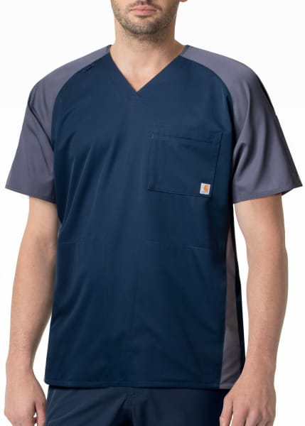 Man wearing a Color Block V-Neck Top (Men's C16106) with a chest pocket, showing torso and no head visible.