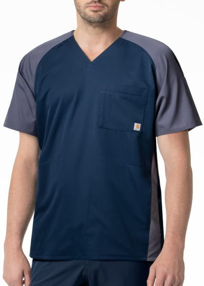 Man wearing a Color Block V-Neck Top (Men's C16106) with a chest pocket, showing torso and no head visible.