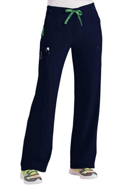 Navy blue CROSS FLEX UTILITY BOOT CUT SCRUB PANT C52110 with green drawstrings and multiple pockets, displayed on a plain background.