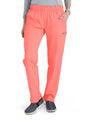 Bright neon orange Comfort Waist Utility Cargo Pants (Women's C53106) with an elastic waistband, side pocket featuring a logo, and paired with black and gray sneakers.