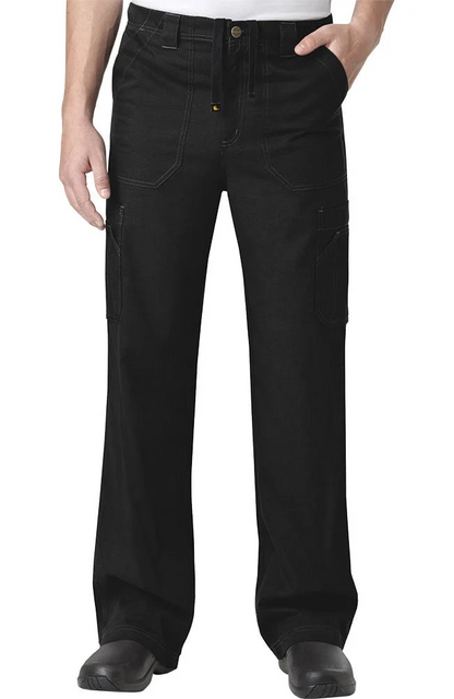 Man wearing black cargo pants and black shoes, standing with hands partially inserted into pockets, isolated on a white background.