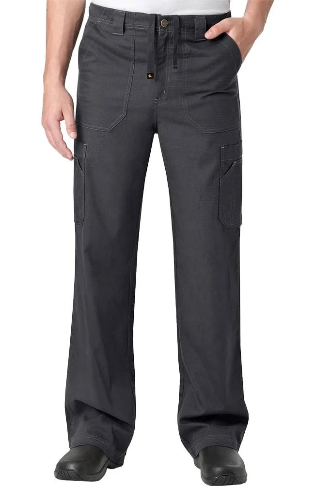 Man wearing gray cargo pants with pockets, shown from waist to shoes, against a white background.