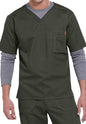 Man wearing a SOLID RIPSTOP SCRUB UTILITY TOP (Men's C15108) in dark green with a layered gray shirt underneath, standing with arms at his sides.