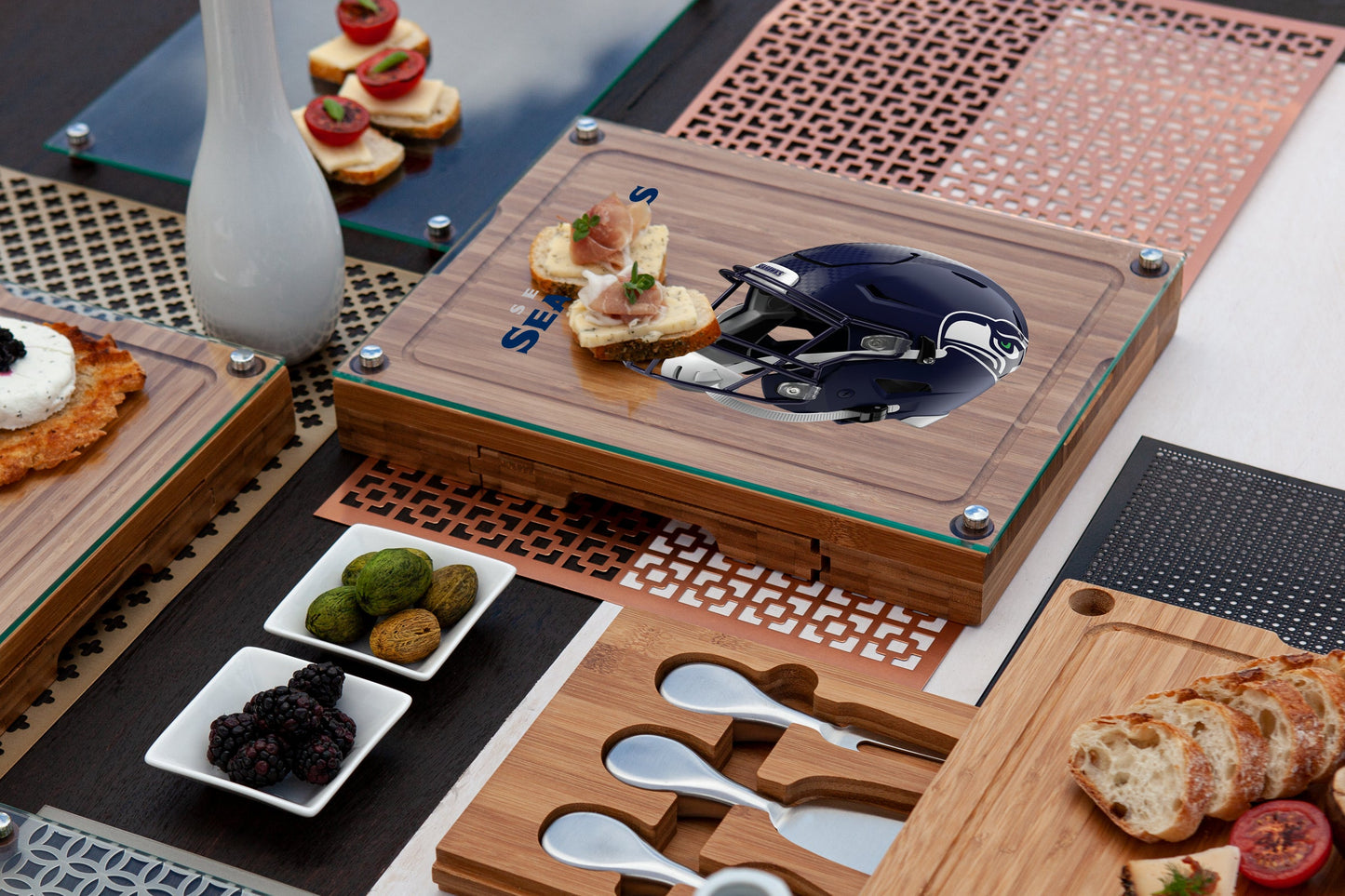 Seattle Seahawks - Concerto Glass Top Cheese Cutting Board & Tools Set